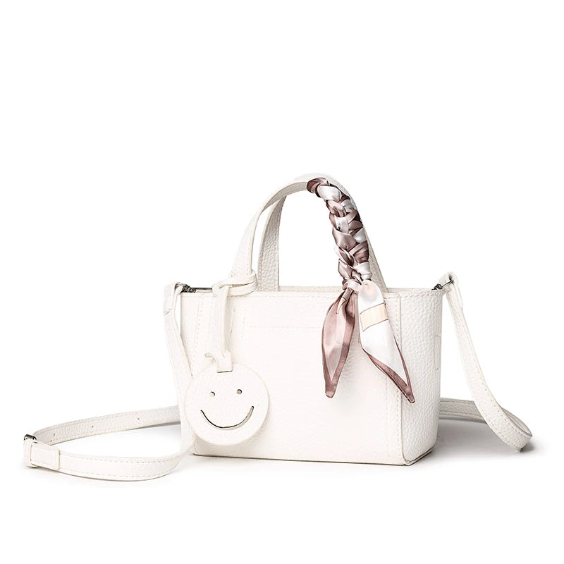 Vintage Small Handbags Cowhide Leather Ribbon Smiling Face Girls Shoulderbag