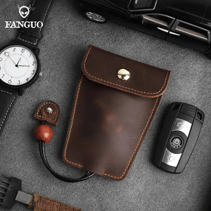 Retro Cow Leather Key Pouch - Elastic Keychain Holder