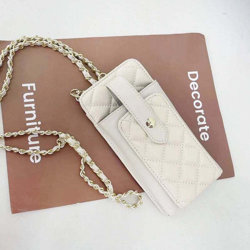 Leather Phone Wallet Chain Shoulder Purse Diamond Quilit Mini Crossbody Bag