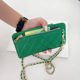 Leather Phone Wallet Chain Shoulder Purse Diamond Quilit Mini Crossbody Bag