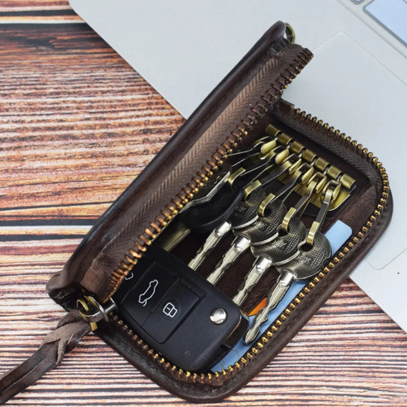 Vintage Zipper Leather Key Wallet Men Women