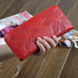 Flower Embossed Cowhide Long Wallet Zipper Clutch Bag for Women
