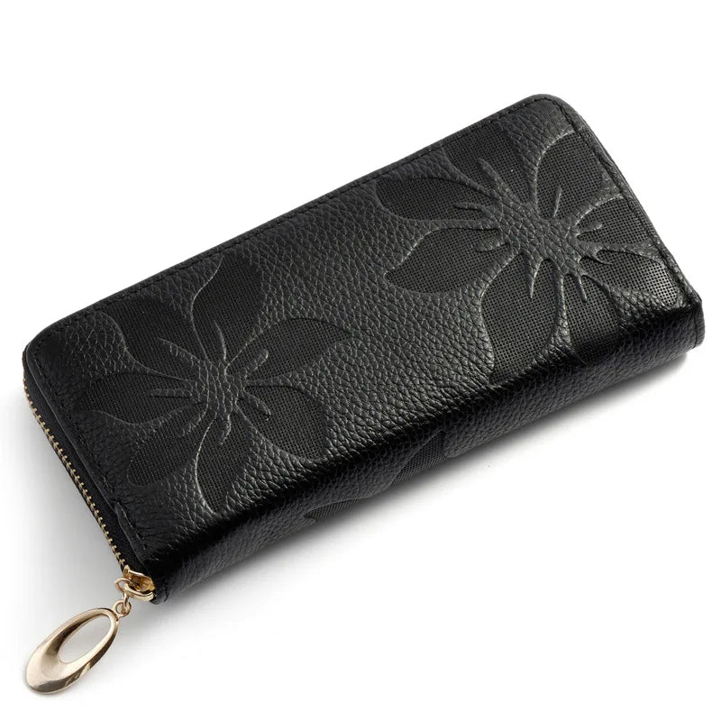 Flower Embossed Cowhide Long Wallet Zipper Clutch Bag for Women