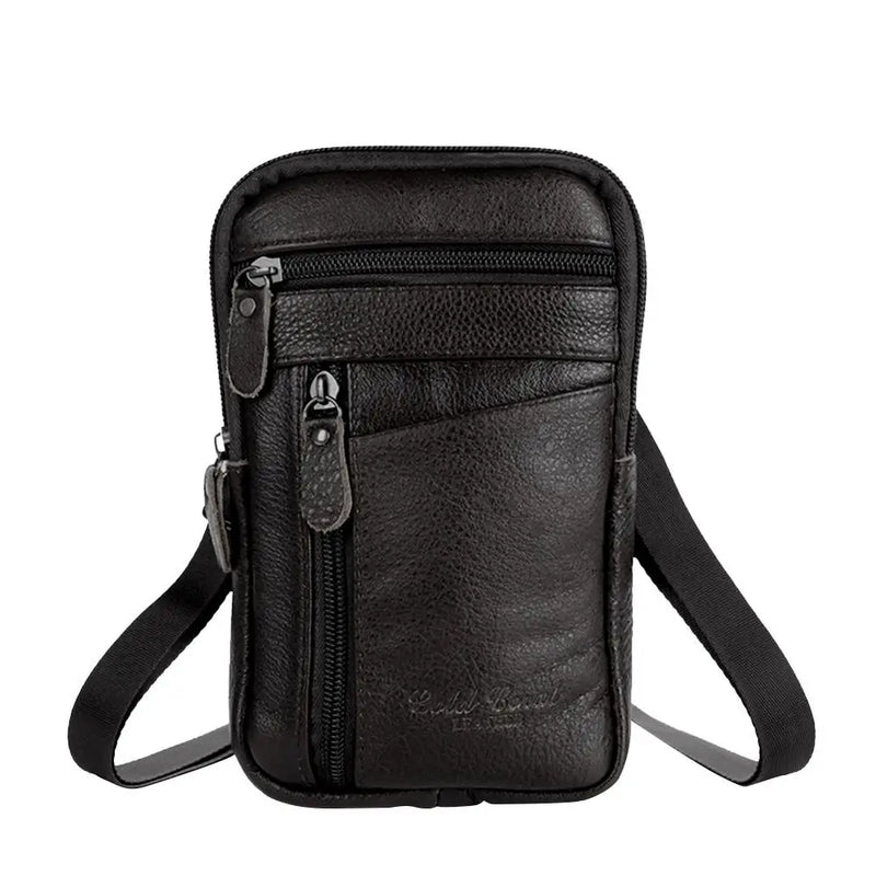 Leather Men Shoulder Bag Business Casual Phone Pouch Solid Small Zipper