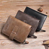 Trifold Men Wallet Zip Coin Pocket Cowhide Leather