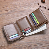 Trifold Men Wallet Zip Coin Pocket Cowhide Leather
