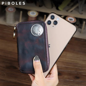 Leather Men's Key Wallet Vintage Smart Key Holder Housekeeper Key Cover Keychain