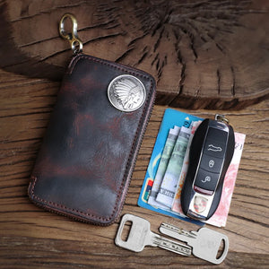 Leather Men's Key Wallet Vintage Smart Key Holder Housekeeper Key Cover Keychain
