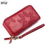 Women's Double Zipper Long Wallet Debossed Flower Purse