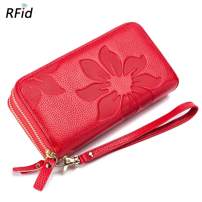 Women's Double Zipper Long Wallet Debossed Flower Purse