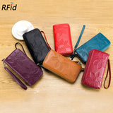 Women's Double Zipper Long Wallet Debossed Flower Purse