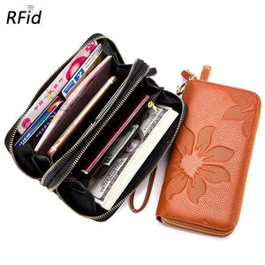 Women's Double Zipper Long Wallet Debossed Flower Purse