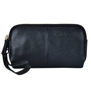 Double Zipper Leather Women Clutch Purse Wristlet Wallet