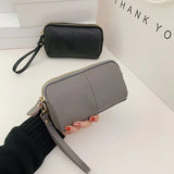 Double Zipper Leather Women Clutch Purse Wristlet Wallet