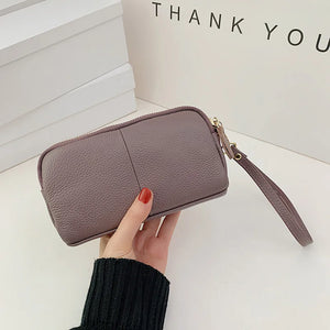 Double Zipper Leather Women Clutch Purse Wristlet Wallet