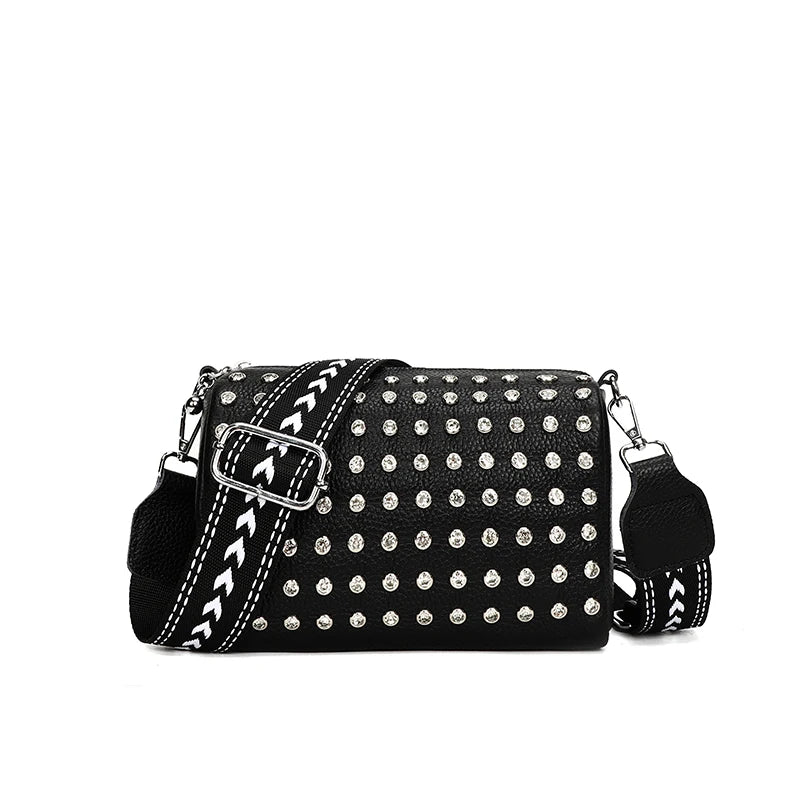 Leather Women's Bag Diamond Shoulder Bags Wide Strap Crossbody Bags 100% Cowhide