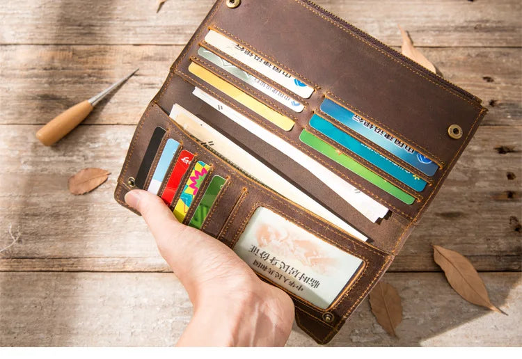 Vintage Leather Wallet Bifold Long for Men Women