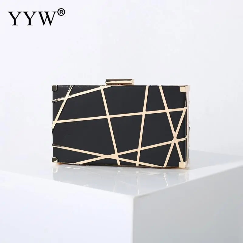 Geometric Pattern Chain Box Clutch Bag Metal Decor Glitter Shoulder Crossbody
