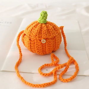 Kids Knitted Pumpkin Mini Pocket Side Bag Woven Storage Pouch Sling Bag