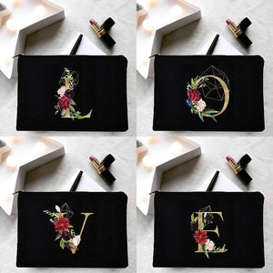 Girl Cosmetic Bag Golden Flower Letter Pattern Storage Organizer Bags Korea