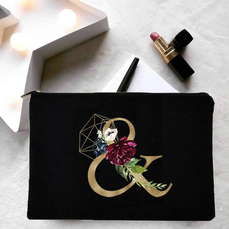 Girl Cosmetic Bag Golden Flower Letter Pattern Storage Organizer Bags Korea