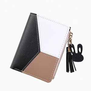 Girls PU Leather Short Wallets Patchwork Coin Purses Clutch Tassel