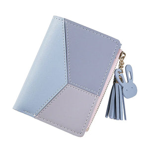 Girls PU Leather Short Wallets Patchwork Coin Purses Clutch Tassel