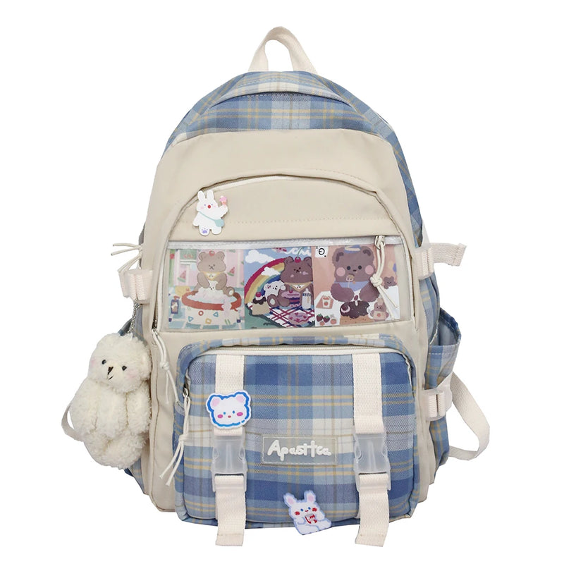 Girls Patchwork School Bag Plaid Large Capacity Rucksack Female Double Shoulders