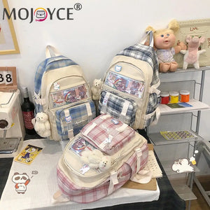 Girls Patchwork School Bag Plaid Large Capacity Rucksack