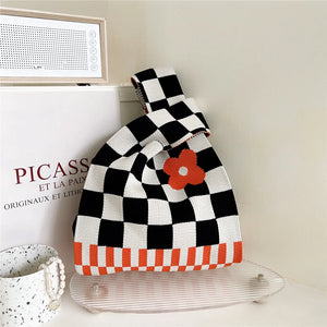 Plaid Flower Knitting Handbag For Women Autumn Winter Shoulder Bag