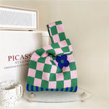 Plaid Flower Knitting Handbag For Women Autumn Winter Shoulder Bag
