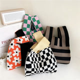 Plaid Flower Knitting Handbag For Women Autumn Winter Shoulder Bag