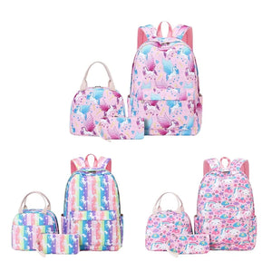 Girls School Backpack 3Pcs Set Cartoon Clouds Stripes Horses Print