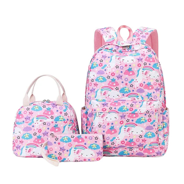 Girls School Backpack 3Pcs Set Cartoon Clouds Stripes Horses Print