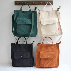 Vintage Corduroy Shoulder Bag Zipper Girls Schoolbag Handbag