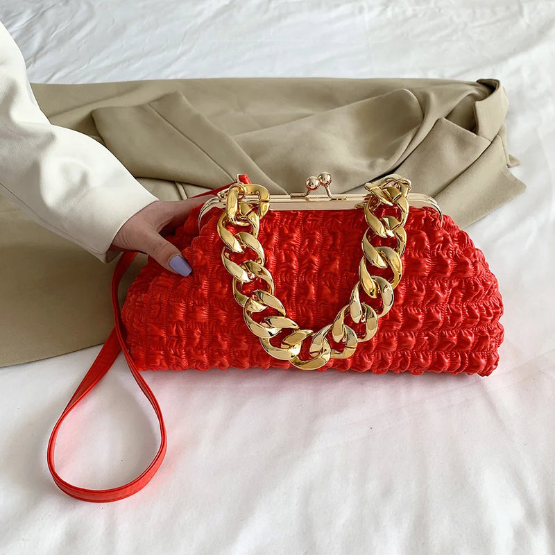 Thick Chain Messenger Bag Plaid Clutch Bag Casual Soft Hasp for Evening
