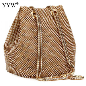 Zinc Alloy Bucket Bag Small Clutch With Rhinestones