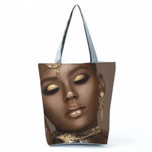 Golden Afro Woman Printed Handbags Pretty Shoulder Bag Eco Portable Shopping Bag