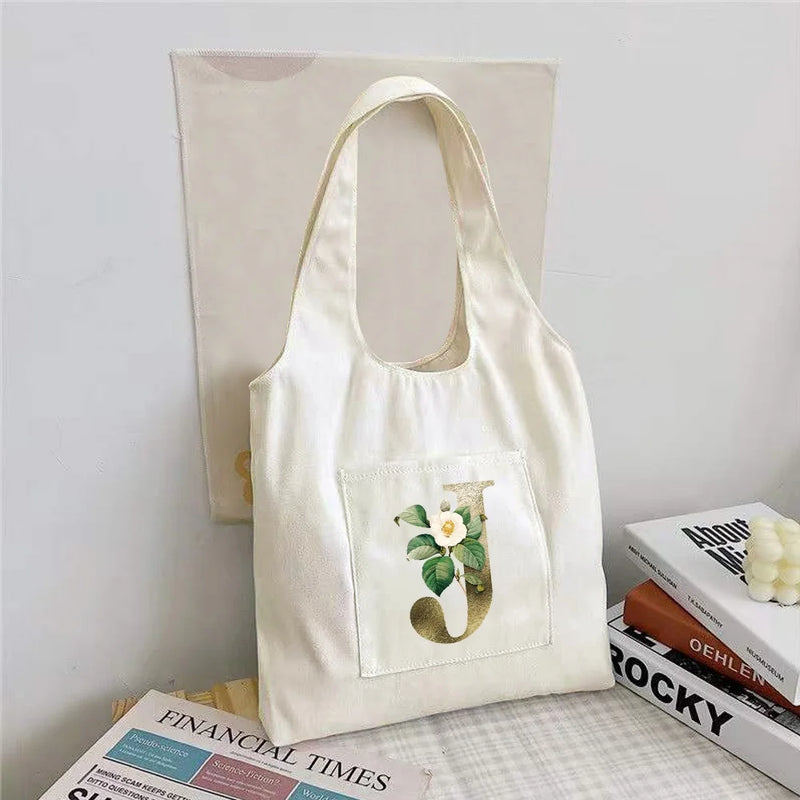 Golden Flower Print Canvas Vest Bag Ladies Shoulder Shopping Bag