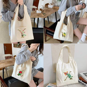 Golden Flower Print Canvas Vest Bag Ladies Shoulder Shopping Bag