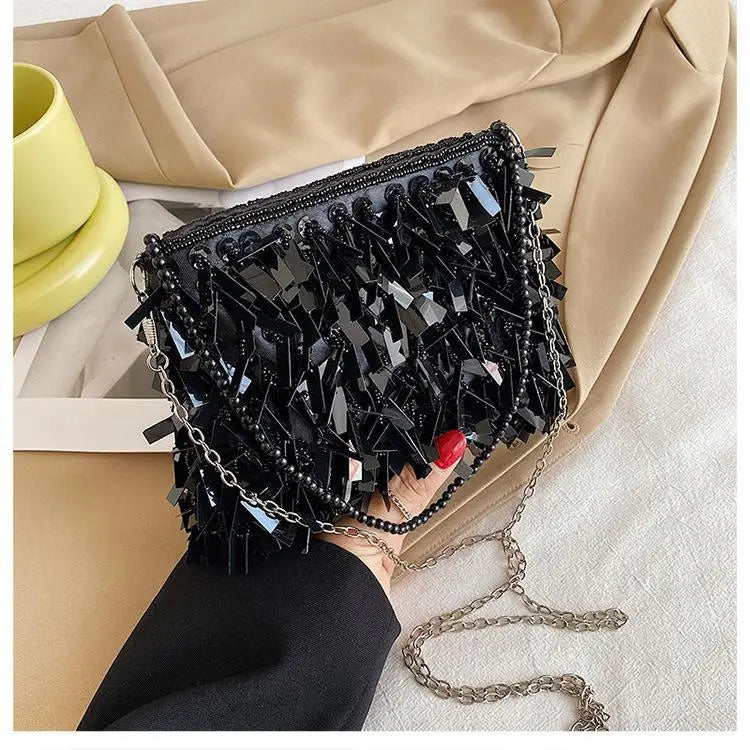 Golden Sequin Beaded Tassel Crossbody Bag Clutch Purse Handbag