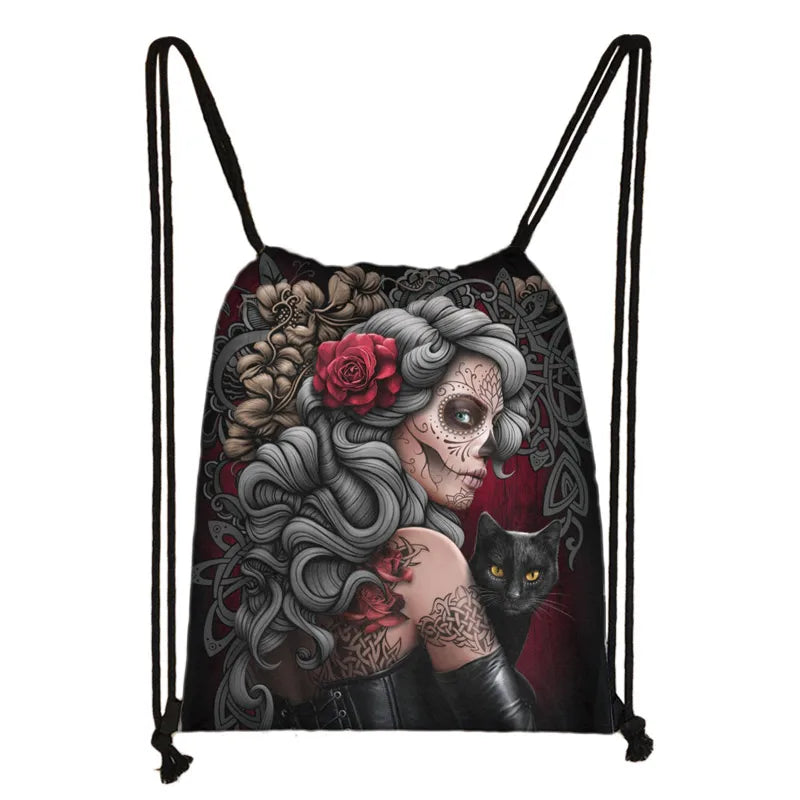 Gothic Punk Death Skull Drawstring Bag Men Travel Bag Grim Reaper Backpack Boys