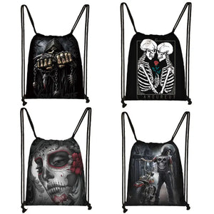 Gothic Punk Death Skull Drawstring Bag Men Travel Bag Grim Reaper Backpack Boys