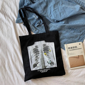 Gothic Skull Letter Print Canvas Bag Harajuku Dark Shopper Y2K Women Shoulder Ba
