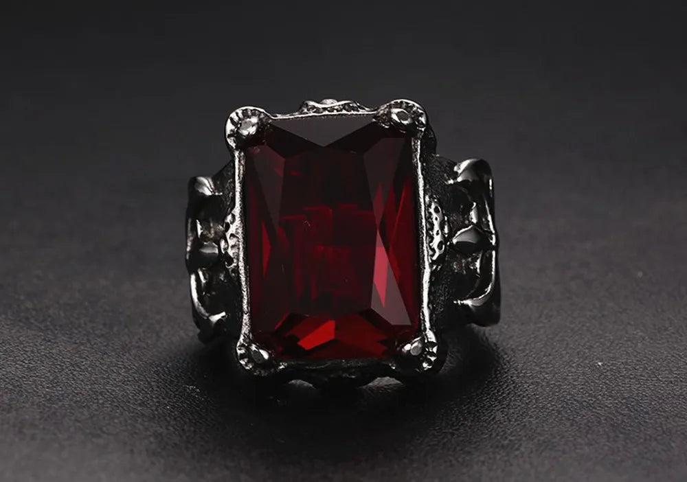 Vintage Red Zircon Gothic Men's Ring Titanium Stainless Steel Jewelry
