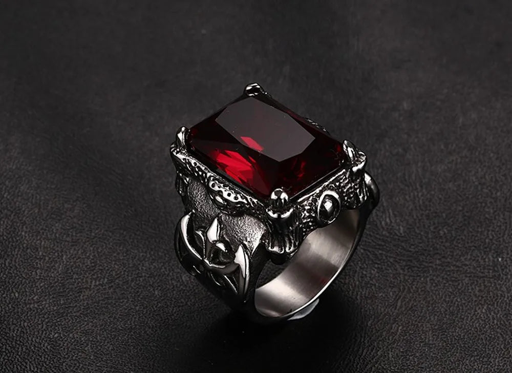 Vintage Red Zircon Gothic Men's Ring Titanium Stainless Steel Jewelry