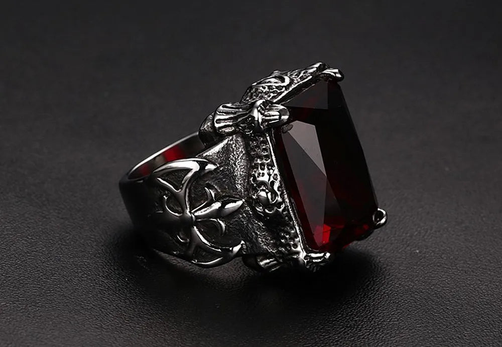 Vintage Red Zircon Gothic Men's Ring Titanium Stainless Steel Jewelry