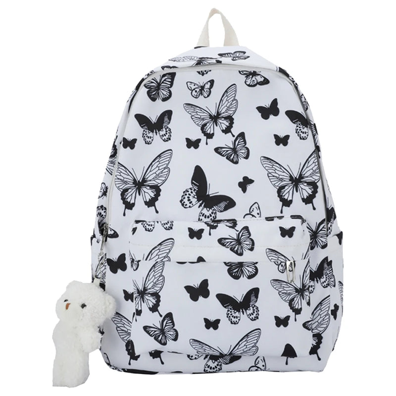 Graffiti Butterfly Print Backpack with Bear Pendant