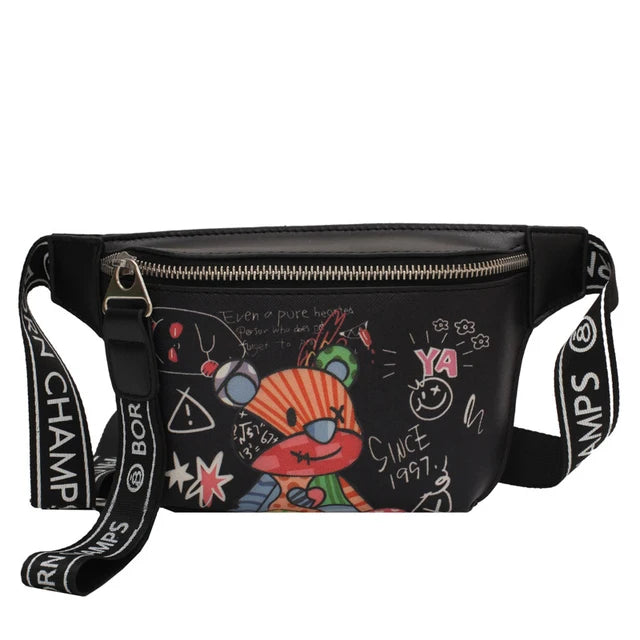 Bear Pattern Leather Shoulder Chest Bag Travel Women Fanny Pack Belt