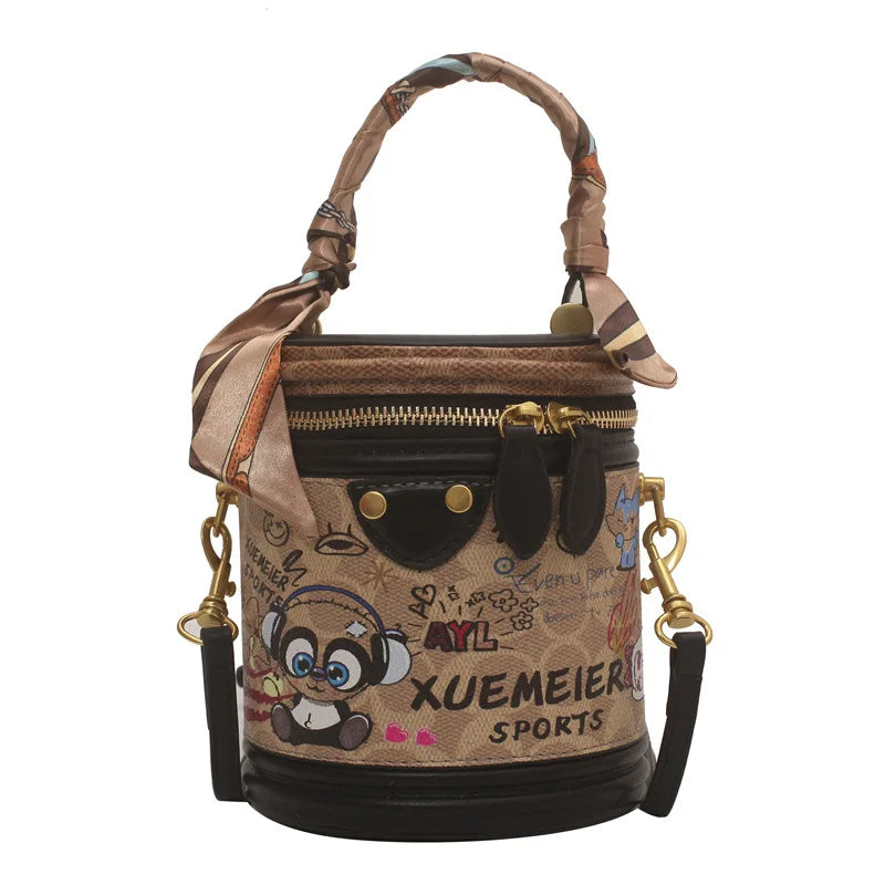 Graffiti Cylindrical Bag Women's Crossbody Shoulder Purses PU Leather